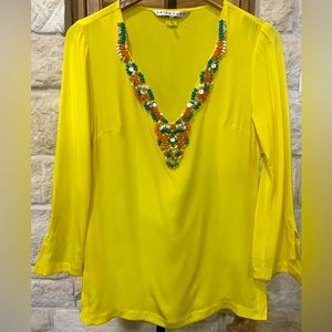 Trina Turk V Neck Beaded 3/4 Sleeve Blouse Bright Yellow Small.✨